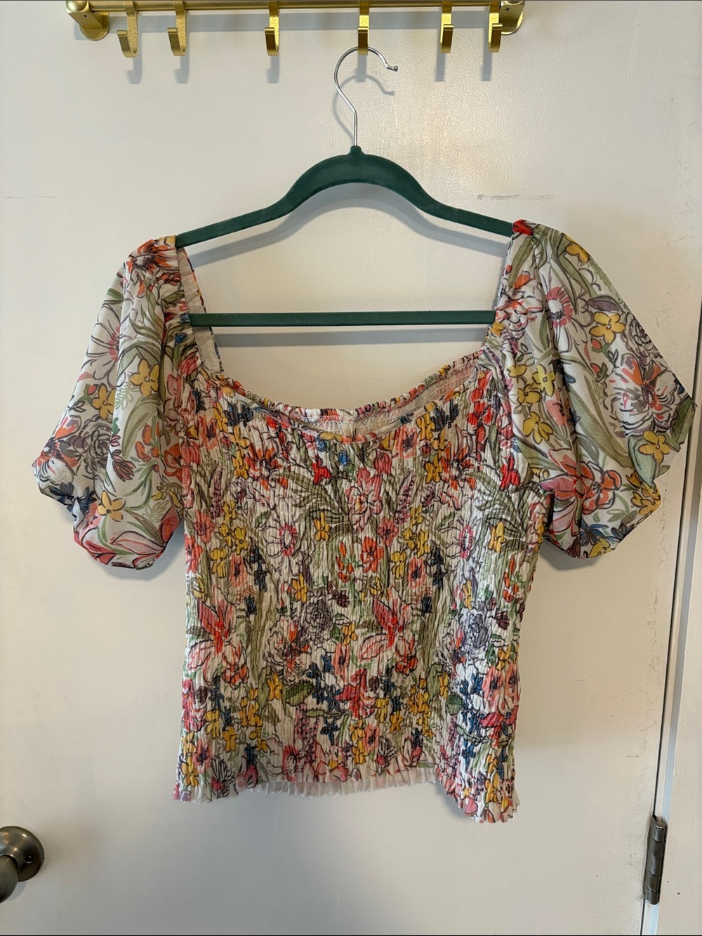 Anthropologie Floral Smocked Puff-Sleeve Top
